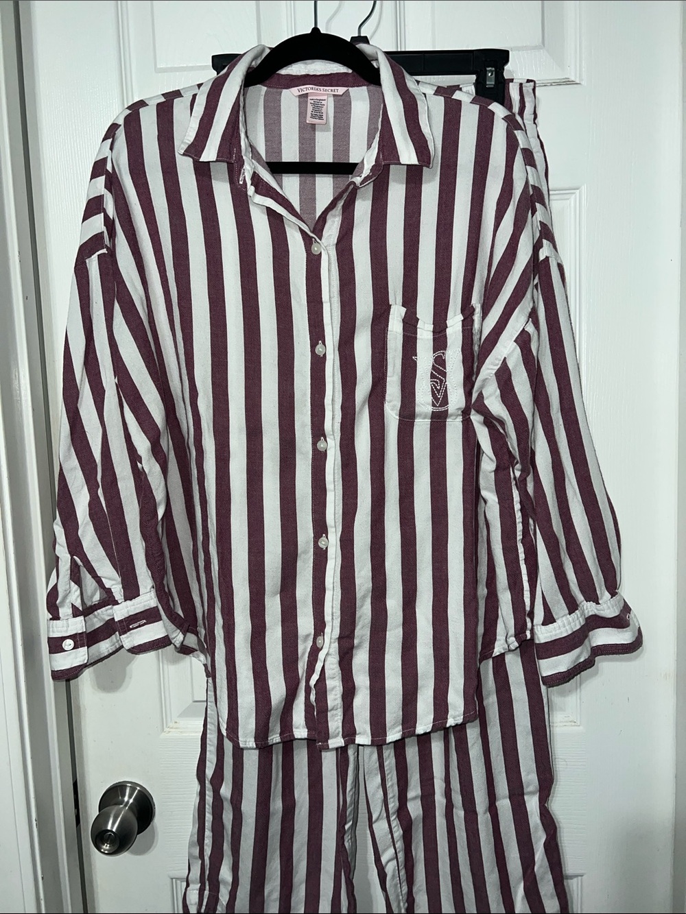 Victoria's Secret Maroon & White Modal Cotton Striped Pajama Set